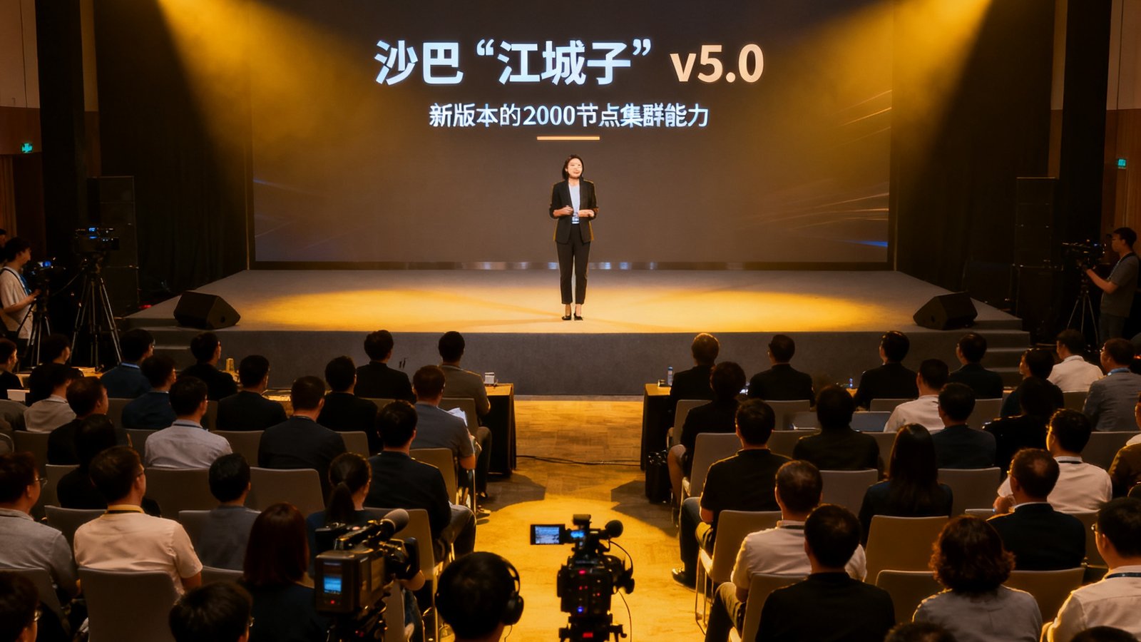 沙巴'江城子'v5.0产品发布会现场，创始人林晓薇在台上介绍新版本的2000节点集群能力，台下坐满了行业嘉宾和媒体记者。