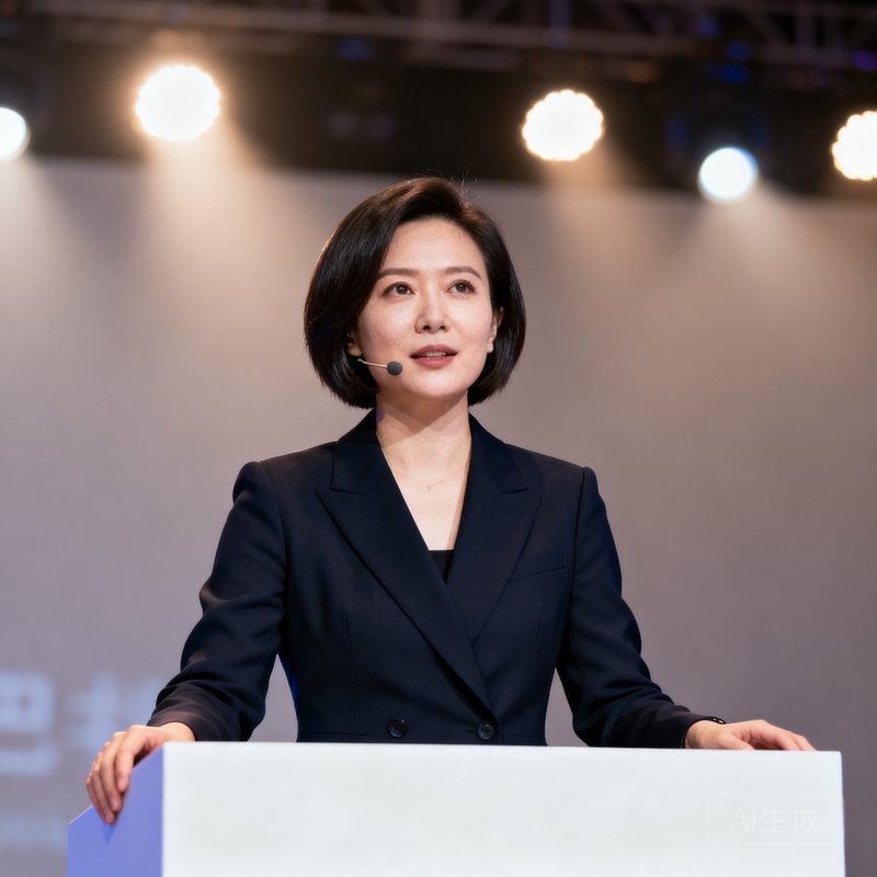 林晓薇——沙巴中国联合创始人兼CEO，短发干练女性形象，身着商务套装，站在产品发布会的演讲台上自信发言。